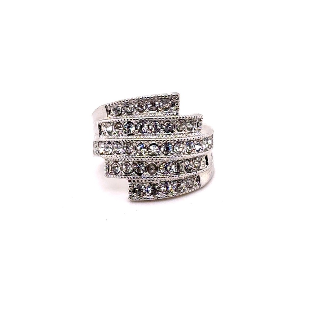 Silver Tone Tiered Rhinestone Statement Cocktail Ring Size 7.5